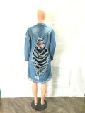 Plus Size Fashion Holes Tassel Long Sleeve Denim Coat LX-3540