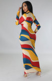 Casual Print Lapel Long Sleeve Slim Maxi Dress  XHXF-340
