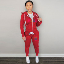 Plus Size PINK Print Hooded Coat And Pants 2 Piece Set GDNF-N8777P11