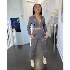 Solid Color Holes Short Tops And Pant Sport Two Piece Set XYF-9197