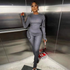 Solid Color Zipper Splicing Long Sleeve Denim Jumpsuit GBTF-9063
