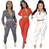 Solid Color Holes Short Tops And Pant Sport Two Piece Set XYF-9197