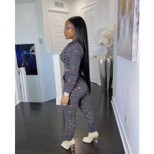Solid Color Holes Short Tops And Pant Sport Two Piece Set XYF-9197