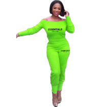 Plus Size Letter Print One Shoulder Slim Two Piece Pant Set HM-6633