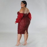 Plus Size Sexy Sequin Tube Tops Mesh Sleeve Evening Dress NNWF-7764