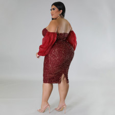 Plus Size Sexy Sequin Tube Tops Mesh Sleeve Evening Dress NNWF-7764