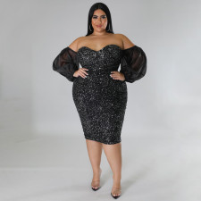 Plus Size Sexy Sequin Tube Tops Mesh Sleeve Evening Dress NNWF-7764