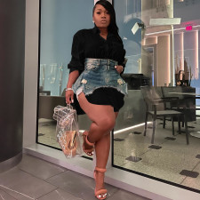Casual Long Sleeve Shirt And Denim Skirt Two Piece Set MEM-88468