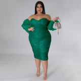 Plus Size Sexy Sequin Tube Tops Mesh Sleeve Evening Dress NNWF-7764