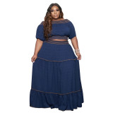 Plus Size Solid Short Tops And Maxi Skirt 2 Piece Set NNWF-3049
