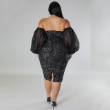 Plus Size Sexy Sequin Tube Tops Mesh Sleeve Evening Dress NNWF-7764