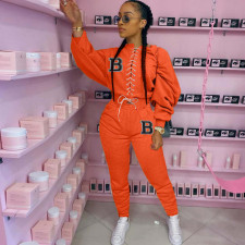 Casual Bandage Letter Print Sweatshirt Two Piece Pant Set HM-6637