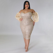 Plus Size Sexy Sequin Tube Tops Mesh Sleeve Evening Dress NNWF-7764