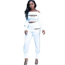 Plus Size Letter Print One Shoulder Slim Two Piece Pant Set HM-6633