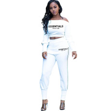 Plus Size Letter Print One Shoulder Slim Two Piece Pant Set HM-6633
