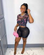 Letter Print Sexy See-through Short Sleeve Shorts 2 Piece Set GSMJ-88888