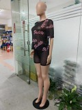 Letter Print Sexy See-through Short Sleeve Shorts 2 Piece Set GSMJ-88888