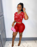 Letter Print Sexy See-through Short Sleeve Shorts 2 Piece Set GSMJ-88888