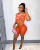 Letter Print Sexy See-through Short Sleeve Shorts 2 Piece Set GSMJ-88888