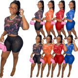 Letter Print Sexy See-through Short Sleeve Shorts 2 Piece Set GSMJ-88888
