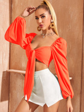 Sexy Puff Sleeve Slim Crop Tops MDF-5352
