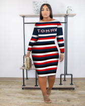 Plus Size Casual Print Long Sleeve Midi Dress OM-1529