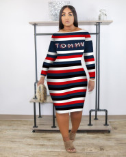 Plus Size Casual Print Long Sleeve Midi Dress OM-1529