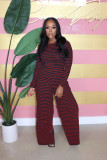 Plus Size Casual Long Sleeve Tops And Wide Leg Pant Stripe 2 Piece Set BLX-62002