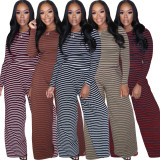 Plus Size Casual Long Sleeve Tops And Wide Leg Pant Stripe 2 Piece Set BLX-62002