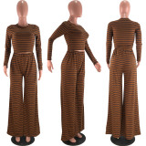 Plus Size Casual Long Sleeve Tops And Wide Leg Pant Stripe 2 Piece Set BLX-62002