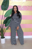 Plus Size Casual Long Sleeve Tops And Wide Leg Pant Stripe 2 Piece Set BLX-62002