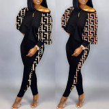 Plus Size Patchwork Long Sleeve Two Piece Pant Set NY-2653