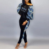 Plus Size Letter Print Color Blocking Two Pants Piece Set NY-2652