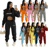 Plush Letter Print Hooded Sweatshirt Three Piece Pant Set TK-6269