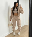 Plush Letter Print Hooded Sweatshirt Three Piece Pant Set TK-6269