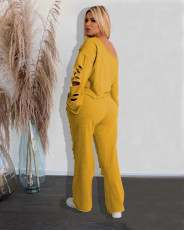 Solid Color Flare Sleeve Holes Two Piece Pant Set MXDF-6120