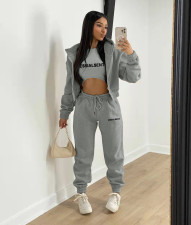 Plush Letter Print Hooded Sweatshirt Three Piece Pant Set TK-6269