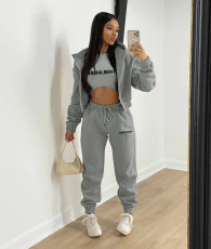 Plush Letter Print Hooded Sweatshirt Three Piece Pant Set TK-6269