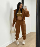 Plush Letter Print Hooded Sweatshirt Three Piece Pant Set TK-6269