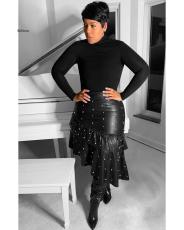 Plus Size Pearls Irregular PU Leather Skirt ZDF-31269