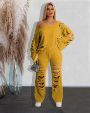 Solid Color Flare Sleeve Holes Two Piece Pant Set MXDF-6120