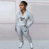 Pink Letter Print Plus Fleece Pullover Pant Two Piece Set NYF-8135