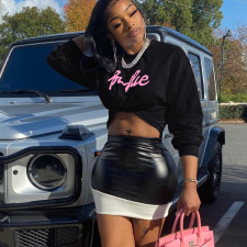 Letter Print Sweatshirt And Splicing Leather Skirt 2 Piece Set XHSY-19532