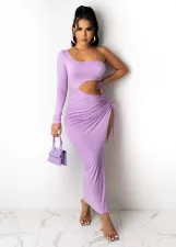 Plus Size Solid Color Drawstring One Shoulder Sleeve Dress OM-1530