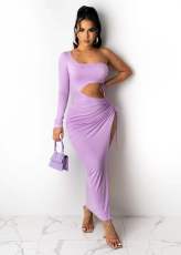 Plus Size Solid Color Drawstring One Shoulder Sleeve Dress OM-1530