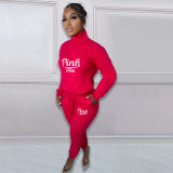 Pink Letter Print Plus Fleece Pullover Pant Two Piece Set NYF-8135