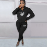 Pink Letter Print Plus Fleece Pullover Pant Two Piece Set NYF-8135