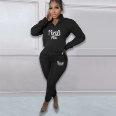 Pink Letter Print Plus Fleece Pullover Pant Two Piece Set NYF-8135