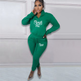 Pink Letter Print Plus Fleece Pullover Pant Two Piece Set NYF-8135