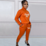 Pink Letter Print Plus Fleece Pullover Pant Two Piece Set NYF-8135